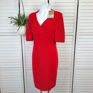 New NUE by Shani Red Ottoman Sheath Dress Ponte Knit Surplice V-Neck Size‎ 12